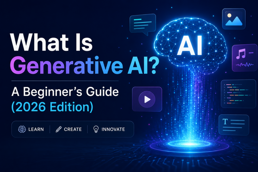 Illustration representing generative AI creating text, images, music, and digital content.